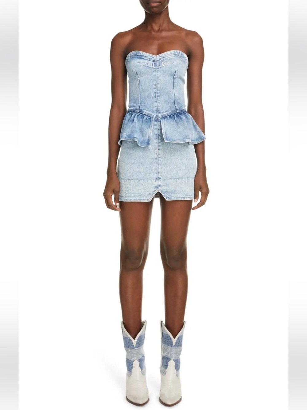 Isabel Marant Dolizi Light Wash Denim Strapless Peplum Mini Dress